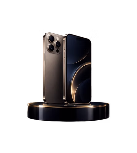 An iPhone on a black and gold display stand