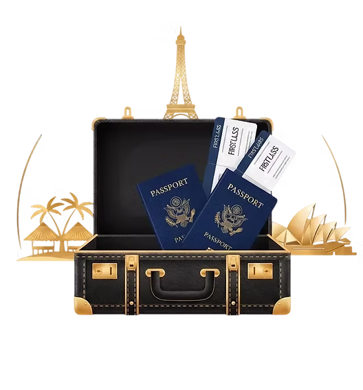 A travel trunk with passports and gold world landmarks